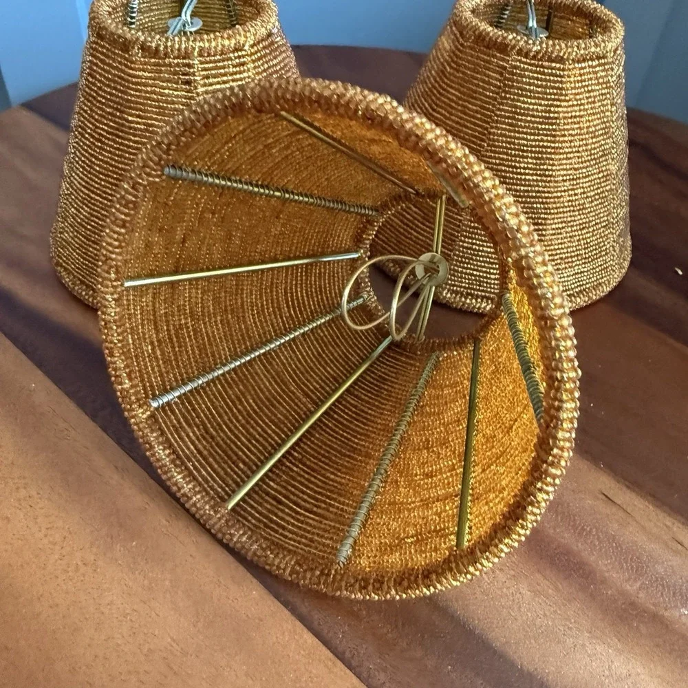 Vintage Amber Beaded Clip-On Lampshades Set of 3 Iridescent Mini Shades